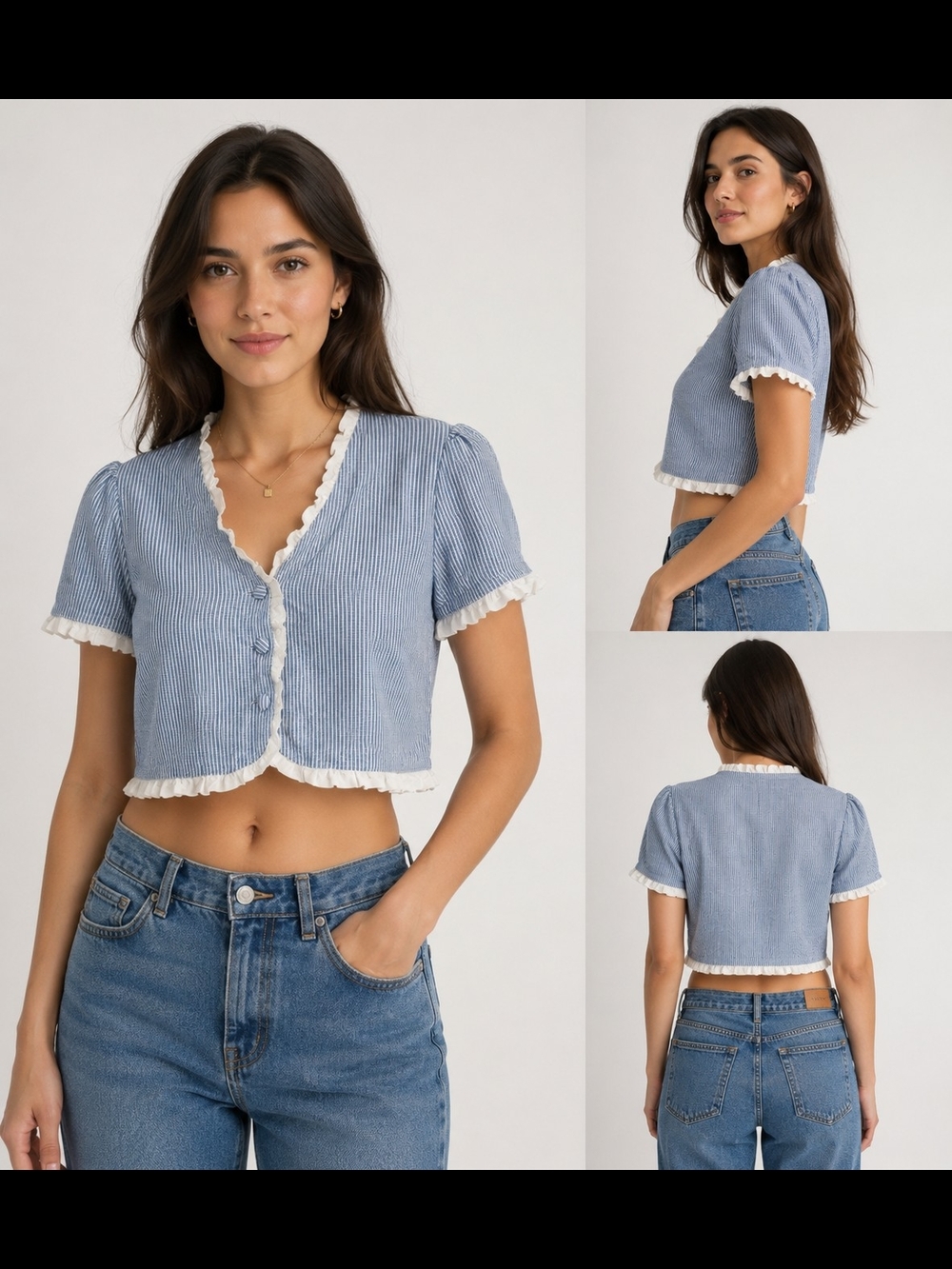 Olivaceous Blue & White Striped Ruffle-Trim Cropped Cardigan Medium